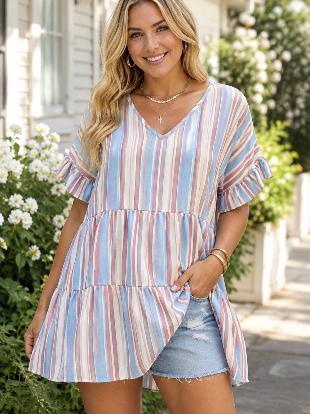 Heimish USA Striped Tiered Babydoll Tunic Top Plus Size 1X NWOT